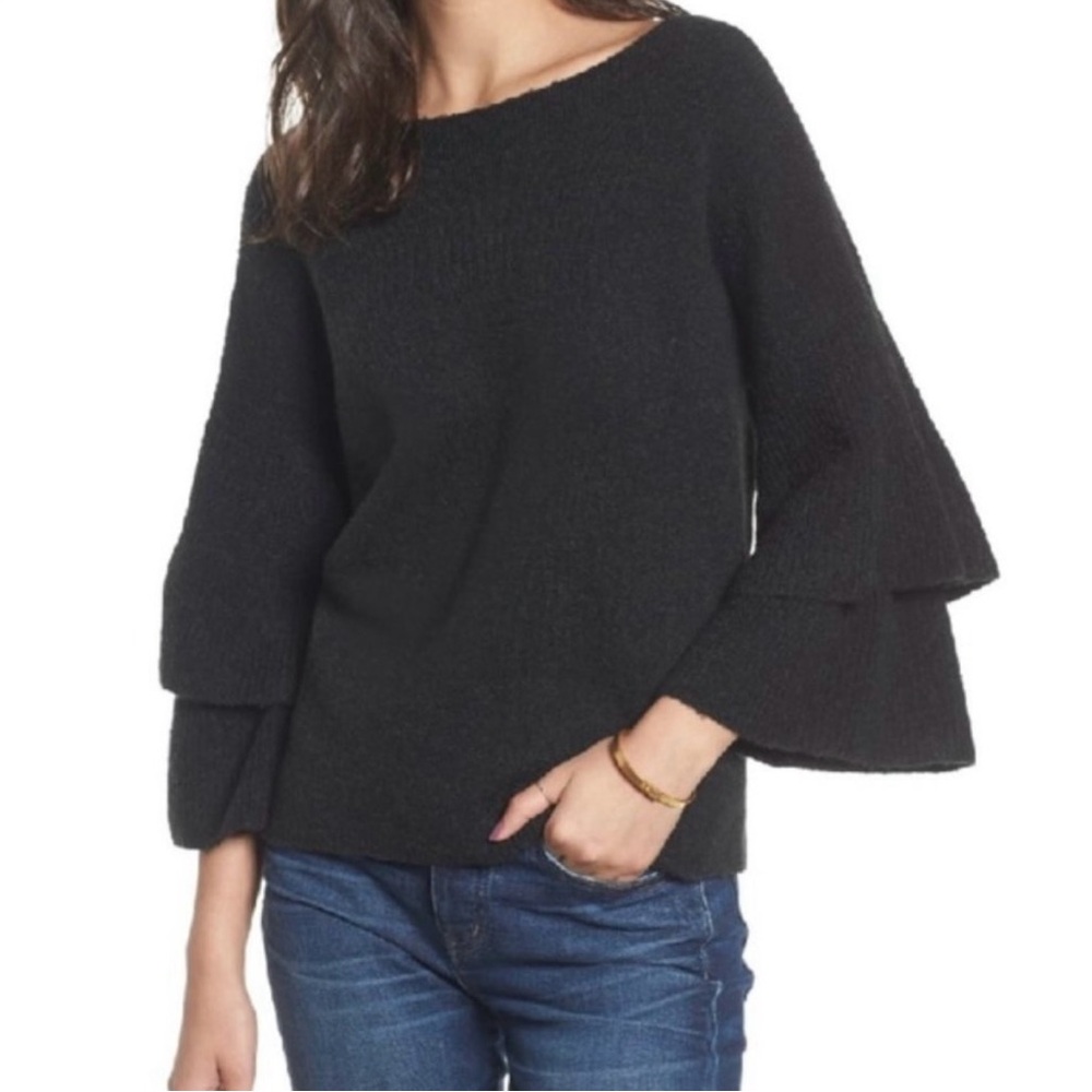 Madewell, Tiered Ruffled Sleeve Sweater, Heather Metal, XSmall